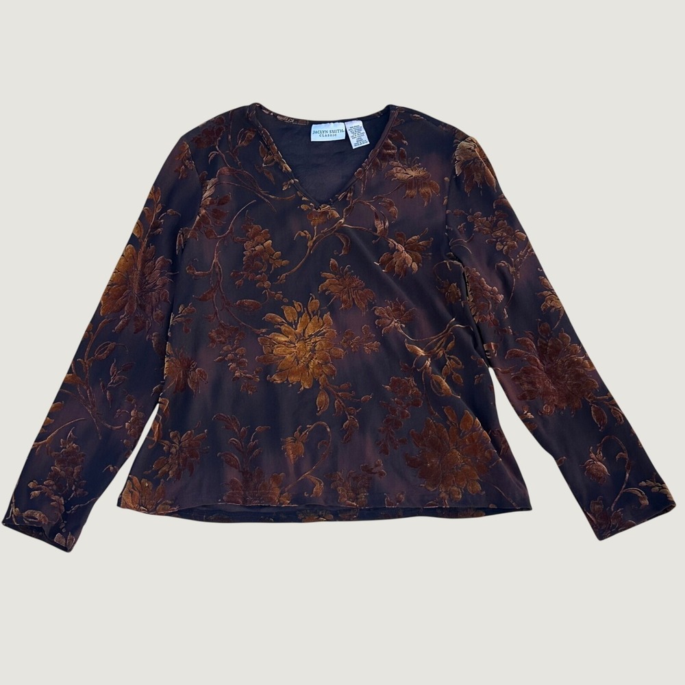 Jaclyn Smith Classic Womens Brown Floral Burnout Velvet V-Neck Top Large